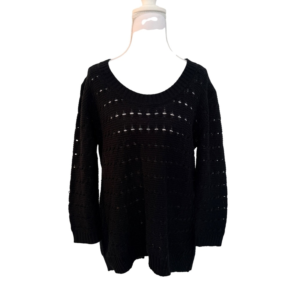 New York & Company Sweater Womens Medium Black Pointelle Cable Knit Scoop Neck